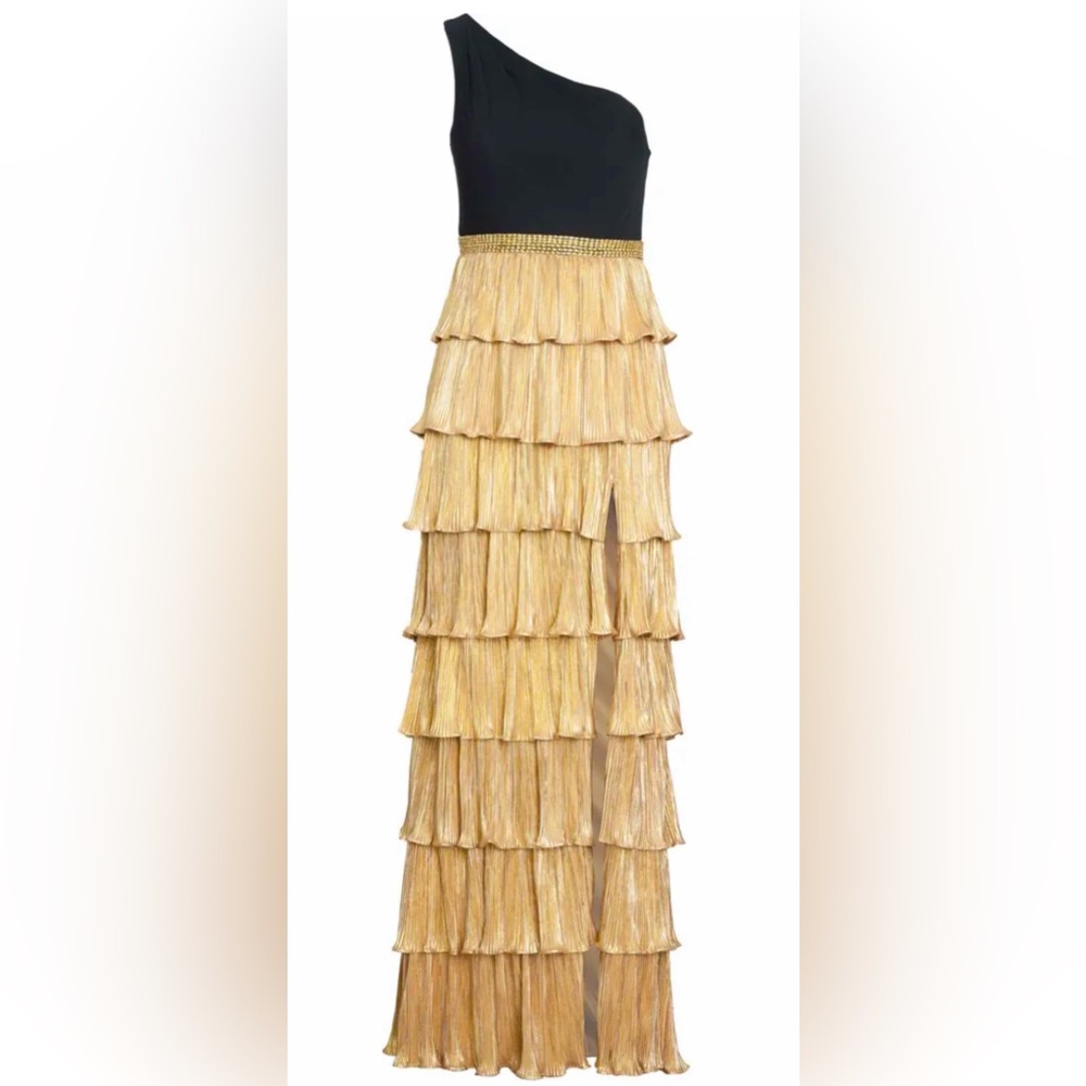 Mac Duggal Black and Gold One Shoulder Dress